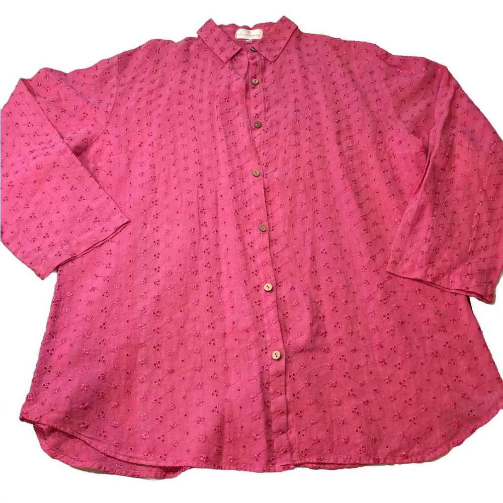 Soft Surroundings PINK Linen SHIRT wood Buttons Flower Embroidery Cut Out Tunic